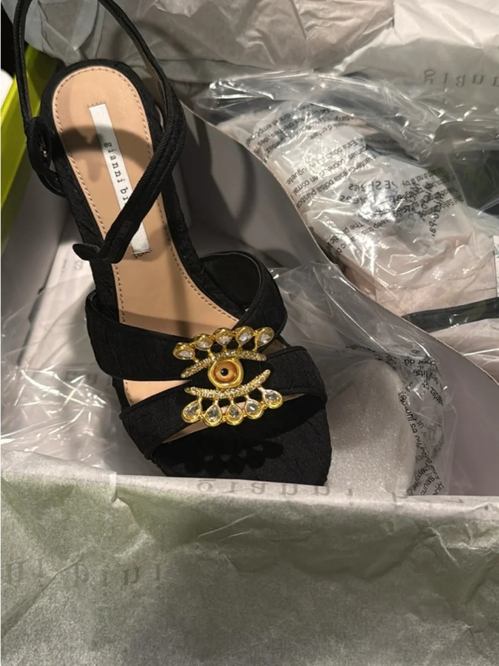 Gianni Bini Black Slingback Heels with Gold Crystal Eye & Lip Accents - Picture 2 of 2